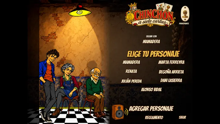 Pantalla para elegir personaje: Mamadera, Marta, Renata, Begoña, Julián, Dani y Alonso