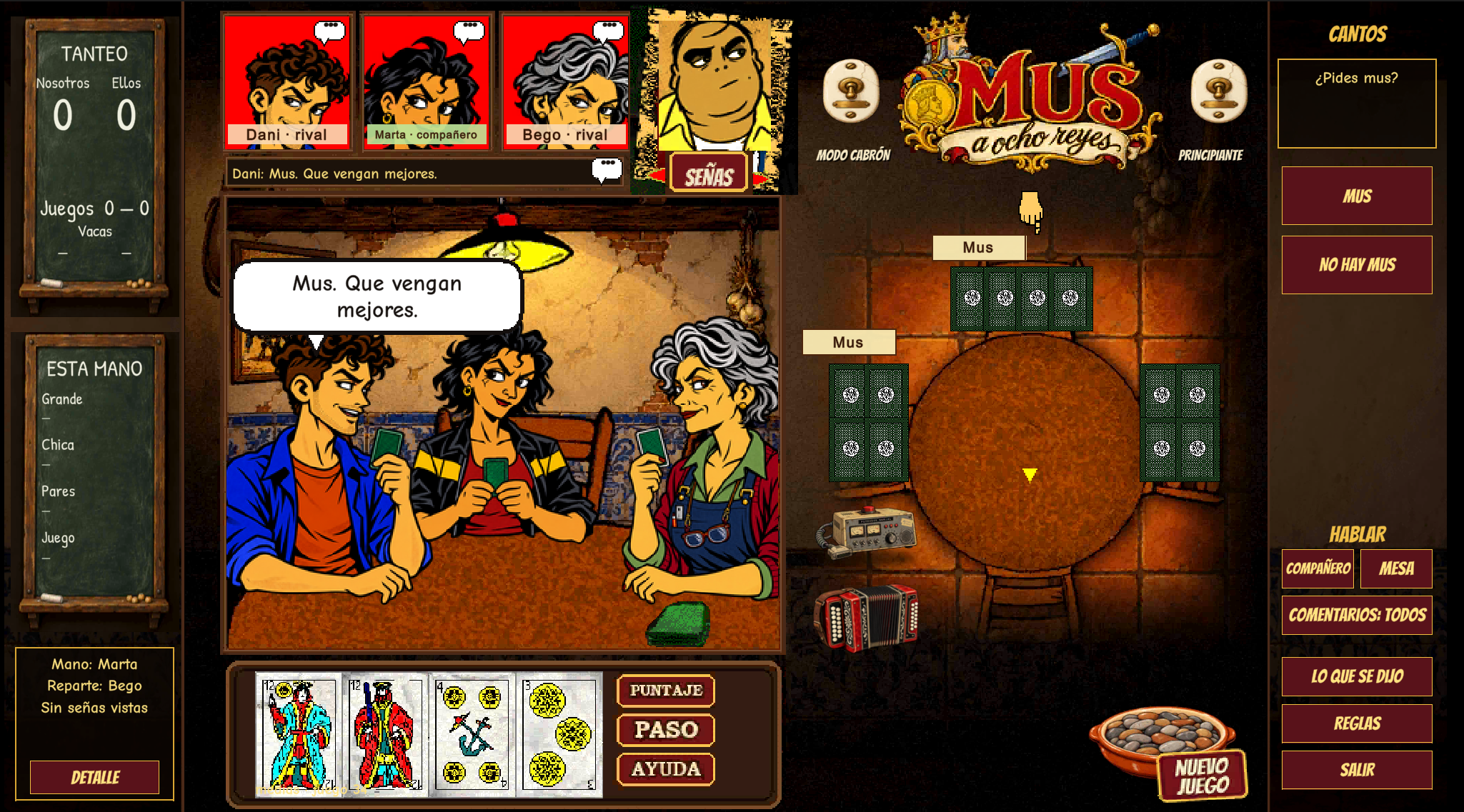 Captura real de una partida de Mus a ocho reyes, con las cartas y la mesa de juego