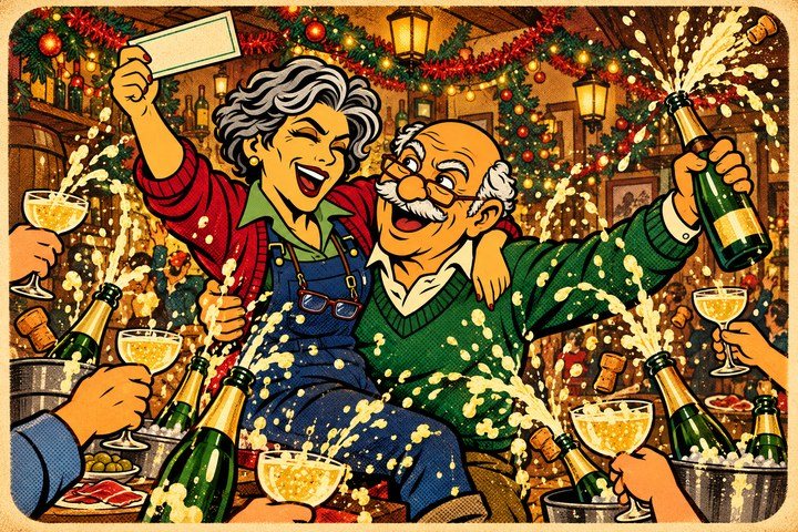 Dos personajes del Mus celebran con champán en la taberna