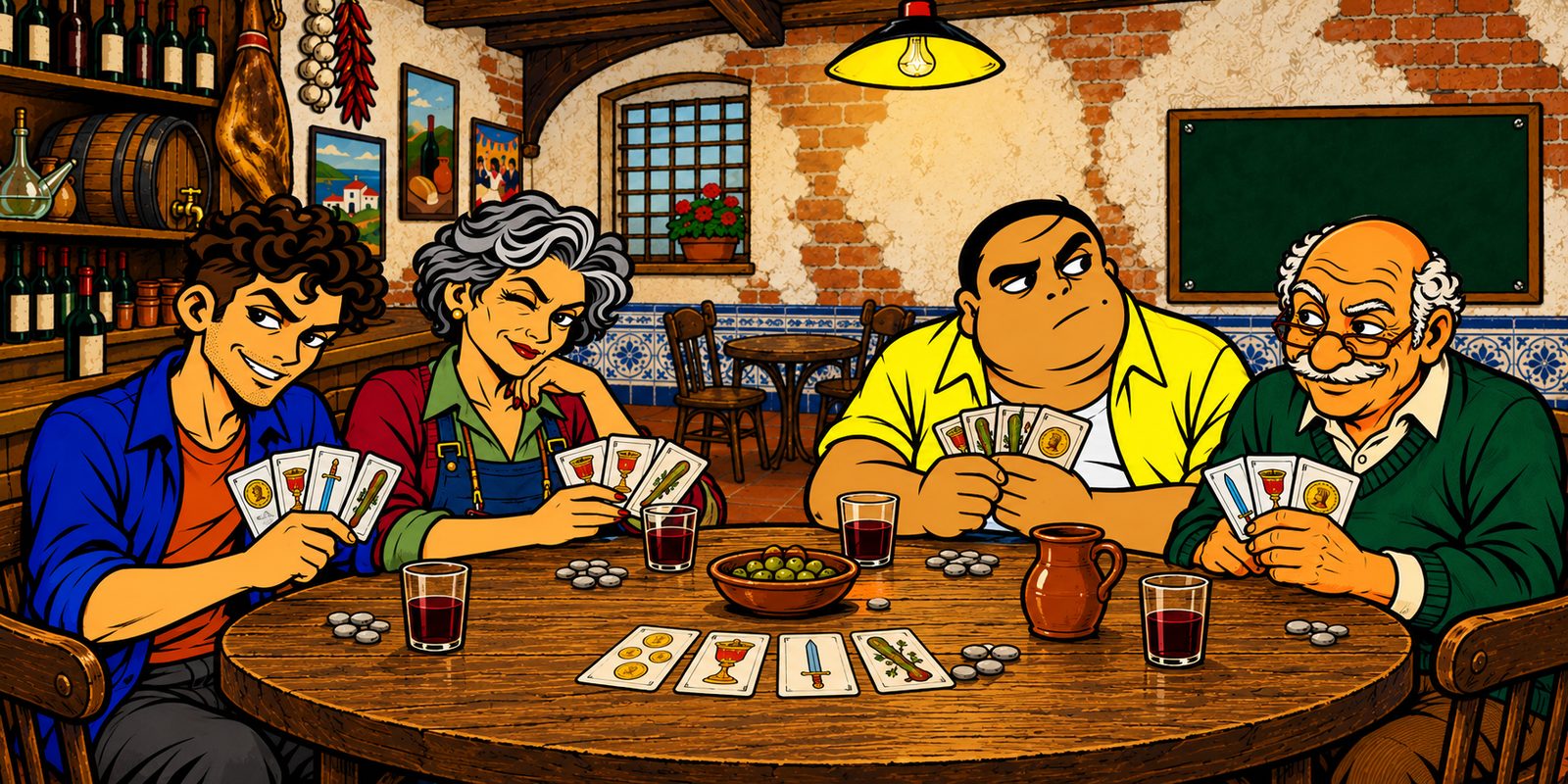 Cuatro personajes juegan al mus en una taberna, con vino, aceitunas y la baraja española sobre la mesa