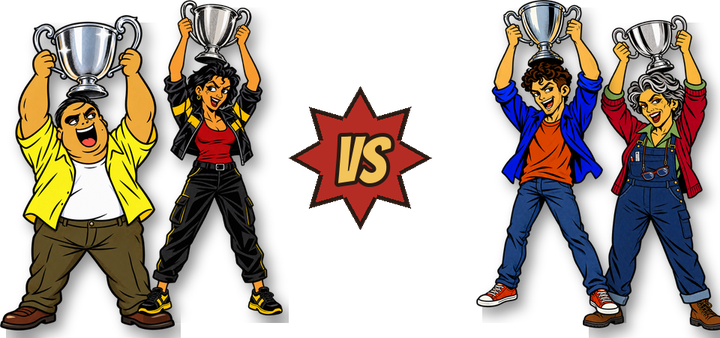 Dos parejas de personajes, cada una levantando su copa, frente a frente