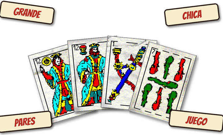 Cuatro cartas de la baraja española con los carteles grande, chica, pares y juego